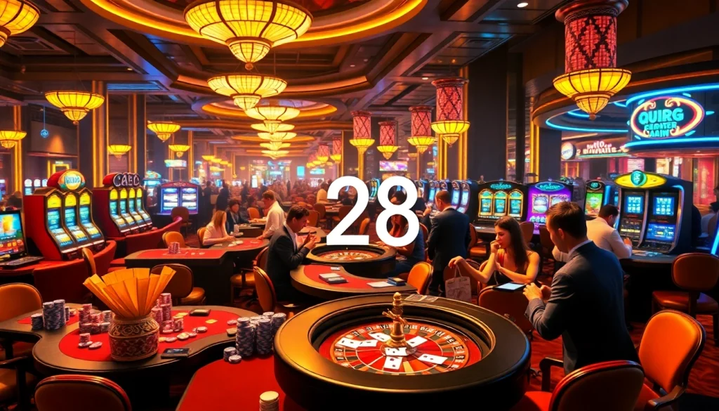 Experience the excitement of e28 gambling with vibrant casino tables featuring poker chips, cards, and roulette wheels.