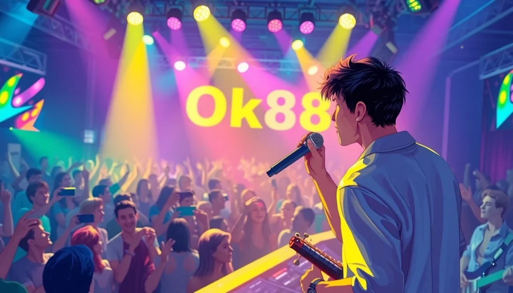 Ok88 performing live on stage with a vibrant crowd, reflecting energy and passion in the atmosphere.