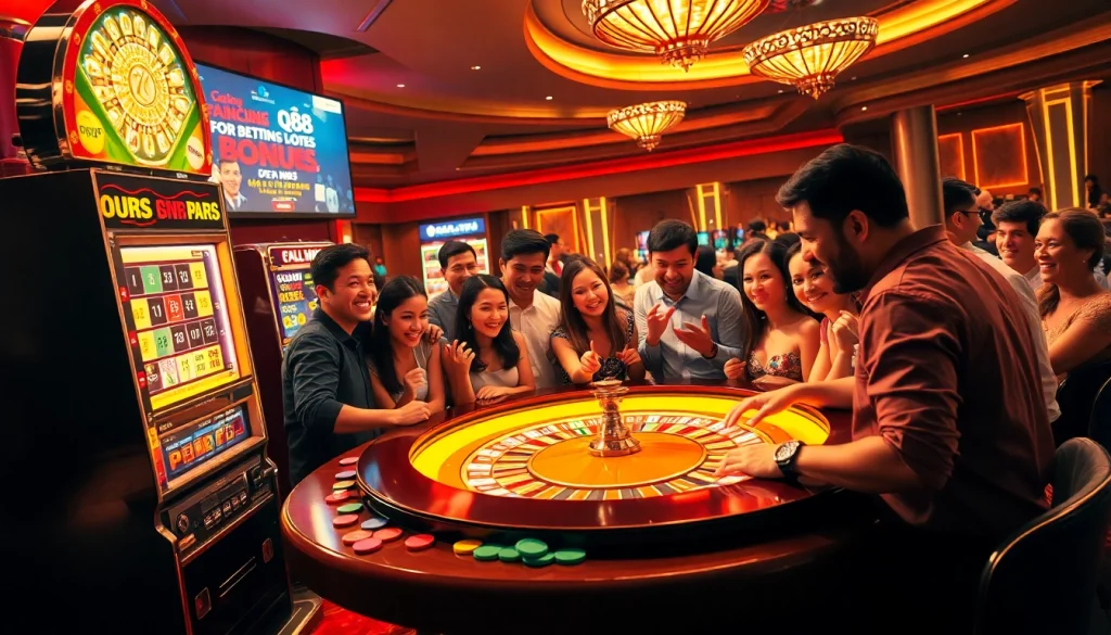 Experience the thrill of qq88 đăng ký at a bustling casino table with engaging players and vibrant slot machines.