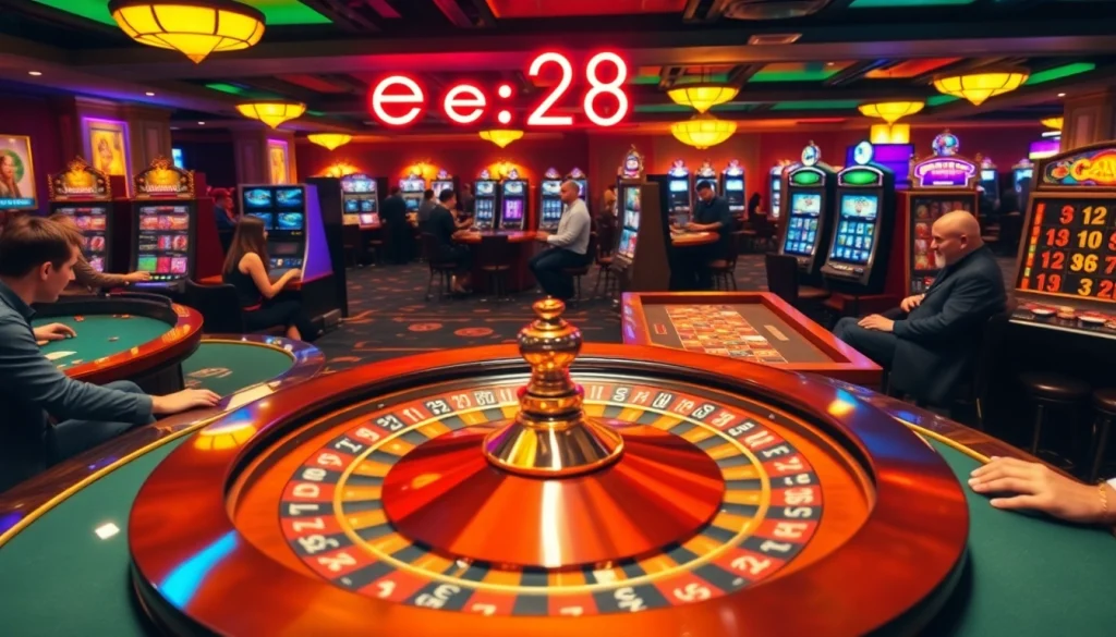 An energetic casino scene featuring players at roulette and poker tables, with e28 neon promotions