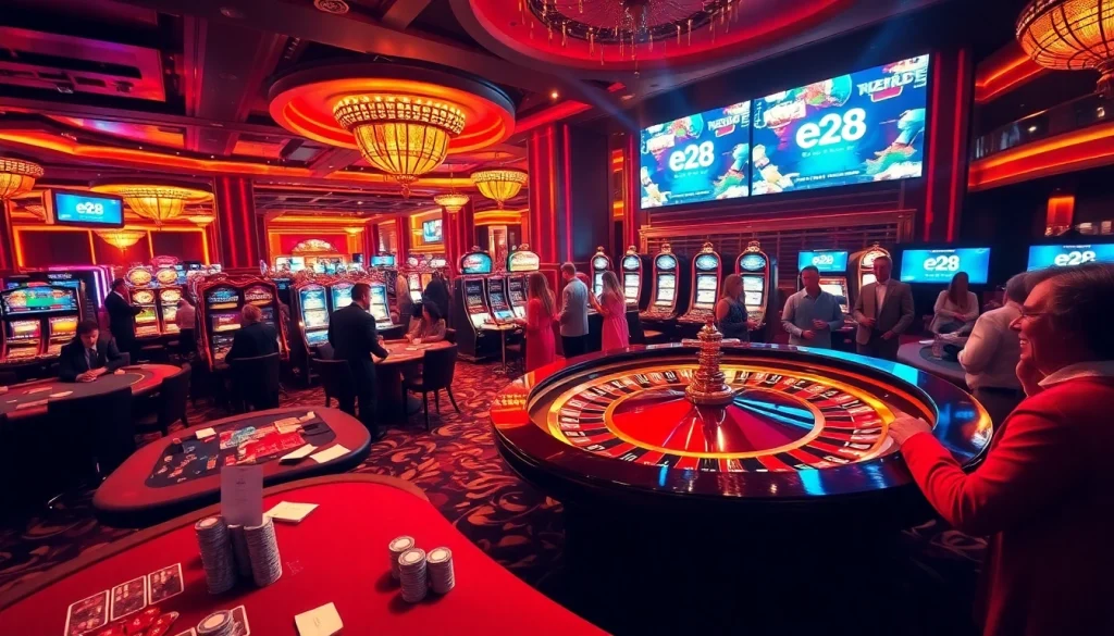 Experience thrilling gameplay at e28 Casino with vibrant tables and joyous gamers celebrating wins.