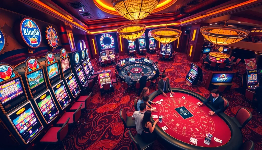 king88 casino interior showcasing vibrant slot machines and engaging gameplay with players at roulette and blackjack tables.