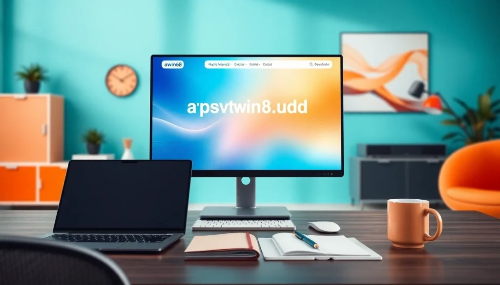 Engaging workspace featuring the website https://awin68.cloud/ on a modern monitor, promoting digital innovation.