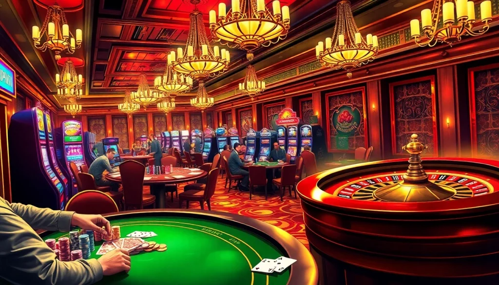 Players enjoying exciting casino games like poker and roulette at https://bigbet88.cloud/, highlighting vibrant energy and luxury.