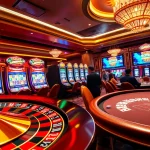 Experience thrilling QQQ88 excitement at a lively casino featuring roulette wheels and slot machines.