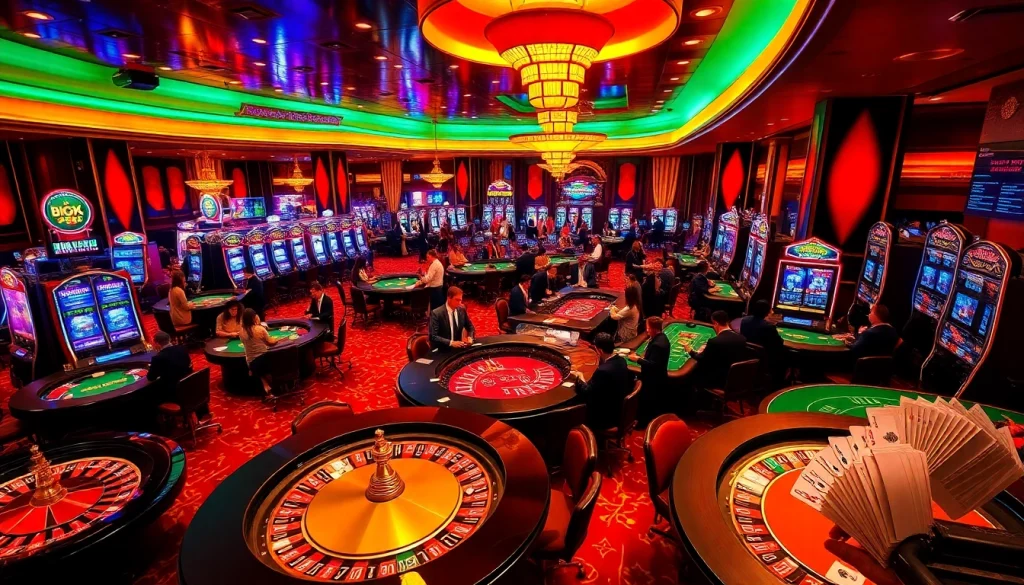 Experience the thrill at Nhà cái BIGBET88 with vibrant casino games featuring roulette wheels and slot machines.