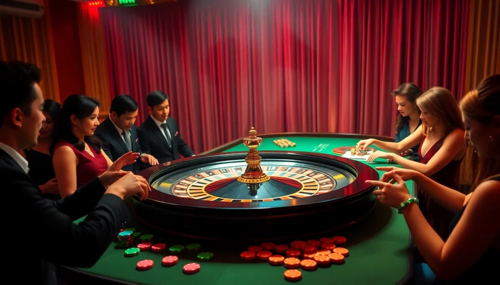 Exciting action at jogoluck roulette table with vibrant chips and players engaged in thrilling betting.
