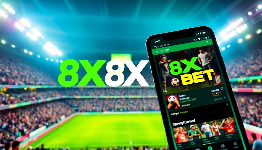 Engaging scene highlighting 8XBET betting platform with a smartphone and stadium setting.