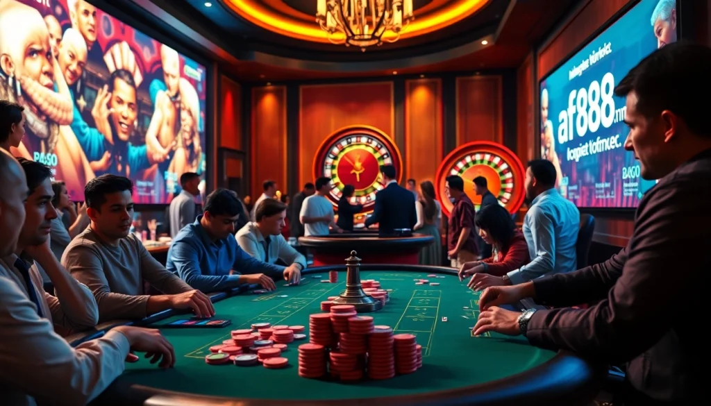 The excitement of gambling at https://af88.mba/ with intense poker gameplay and spinning roulette.