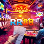 RR88 digital display in a lively casino scene with bustling slot machines and vibrant roulette wheels.