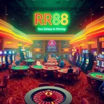 RR88 Casino scene with players, roulette wheels, and vibrant slot machines.