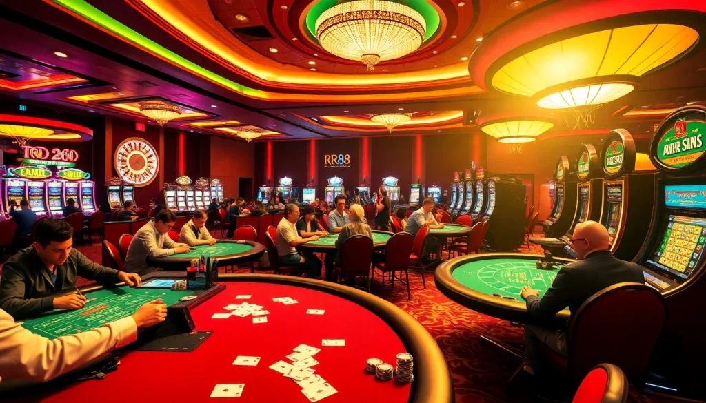 RR88 casino scene featuring immersive poker action and bright slot machines.